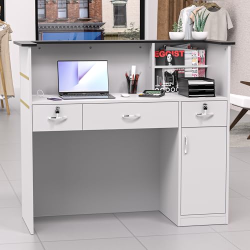 AHB Reception Desk with LED Light, Modern Front Desk with Counter, 50 Inch Retail Counter with Lockable Drawers for Office,Beauty Salon,Lobby,Checkout,Clinic, Retail,Reception Room