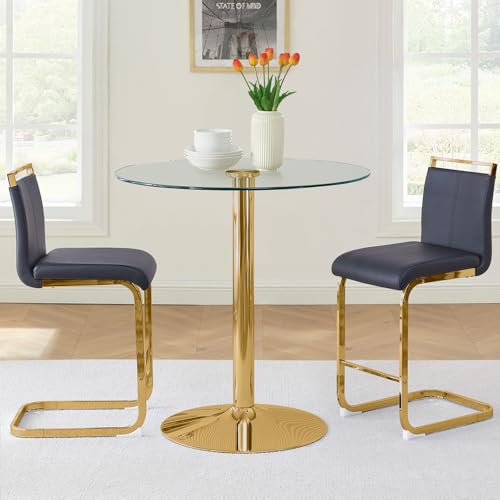 Sweiko 3-Piece Dining Table Set,Kitchen Glass Round Small Table with Modern PU Leather Chairs for Small Spaces（Golden Table + Black Chairs）