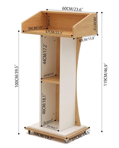 Xibolai Mobile Wooden Podium Stand with Lockable Wheels Modern Presentation Blockboard Lectern Oak Color with Storage Shelves for Office, Church, Classroom, Conference Room