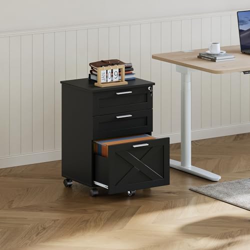 FinerFurnis Secure 3-Drawer Wood File Cabinet with Lock, Mobile Under Desk Filing Cabinet, Rolling Printer Stand for Letter/Legal/A4, Black