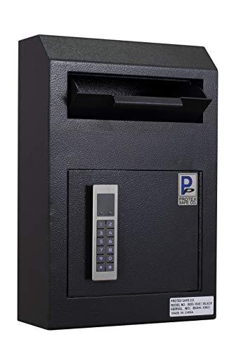 ProtexSafe Wall Mount Drop Box(WDS-150E II), Piano hinge, secure suggestions, ballots, keys, mail, money, rent checks and more, Metal baffle to protect slot, electronic lock, Black