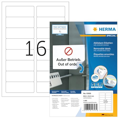 HERMA Self Adhesive Removable Labels, 16 Labels per A4 Sheet, 100 Sheets, 88.9 x 33.8 mm, 1600 Labels, Blank Multipurpose Labels Stickers, Sticky Labels for Laser & Inkjet Printer, White
