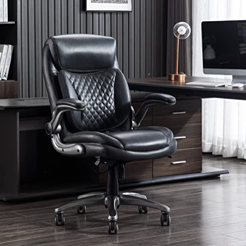 Amazon Basics Ergonomic Executive Office Chair with Adjustable Lumbar Support, Flip-up Arms, Height Adjustable, 360° Rolling Swivel, Computer Desk Chair, Grey Leather