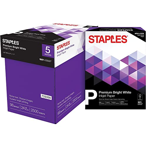 Staples Inkjet Paper, 8.5x11 Inch, 24 lb., 98 Bright, 5 Reams/Carton
