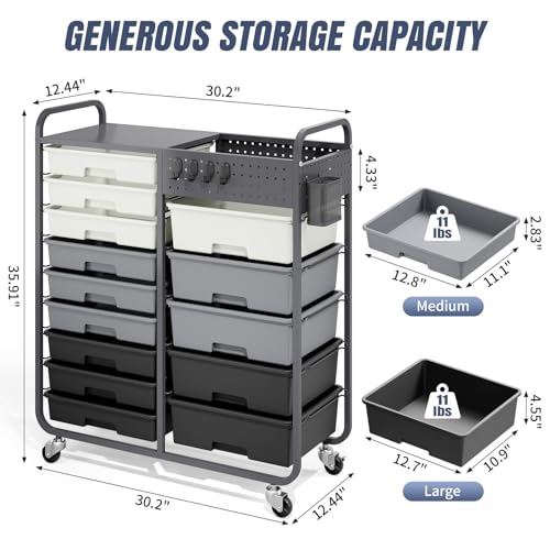 14 Drawer Rolling Storage Cart with Tabletop and Pegboard for Crafts Grey