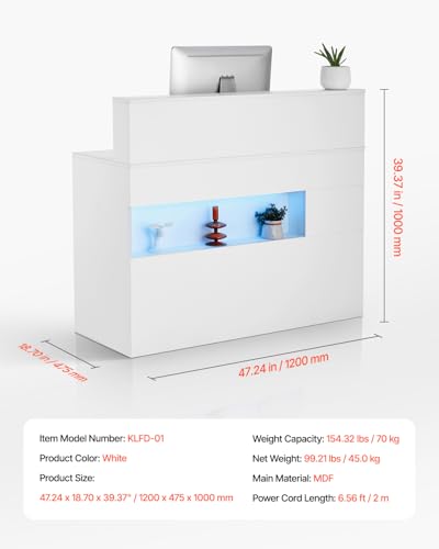VEVOR Reception Desk, 47 Inch Rectangular Front Counter Table, Office Reception Desk with LED Light, 2 Drawers and Power Outlets, for Checkout, Lobby, Beauty Salon and Office, White