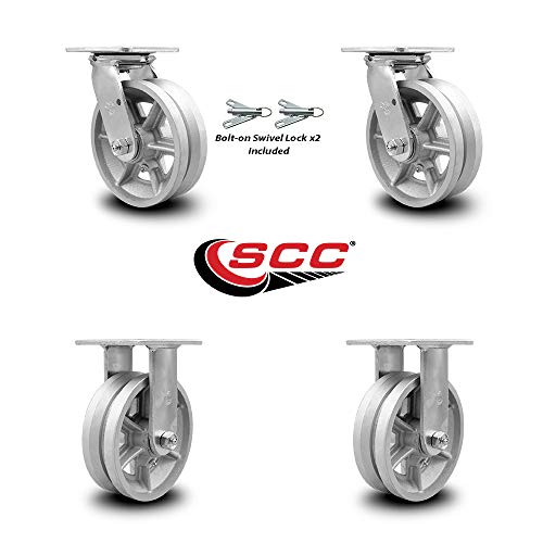 Heavy Duty Swivel Caster Set of 4 with 6 Inch V Groove Semi Steel Wheels and Ball Bearings - Includes 2 Swivel with Bolt on Swivel Locks and 2 Rigid - 4,800 lbs. Total Capacity - Service Caster Brand
