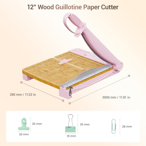 12 Inch Heavy Duty Paper Cutter, Wood Guillotine Paper Cutter & Paper Trimmer, 25-30 Sheets Capacity Paper Cutting Board for Classroom, Crafting, Cardstock Pink