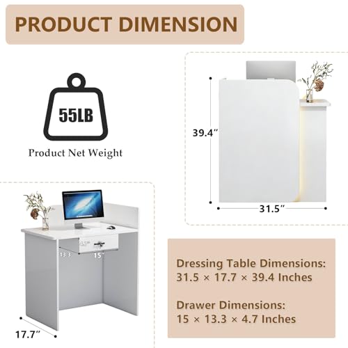 Small Reception Desk 31.5"×17.7"×39.4" Checkout Counter Front Desk Modern Reception Room Tables with Lockable Drawers, for Office Beauty Salon Retail Counter(White)