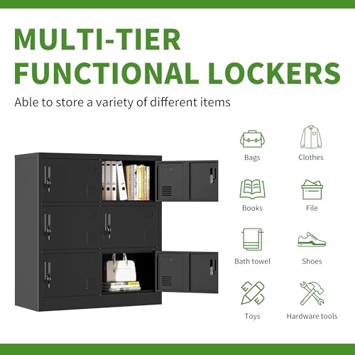 Yukimo 6 Doors Metal Lockers for Employees, Steel Storage Locker with Lock and Card Slot, Employee Lockers for Home, Office, School, Gym, Require Assembly(Black)