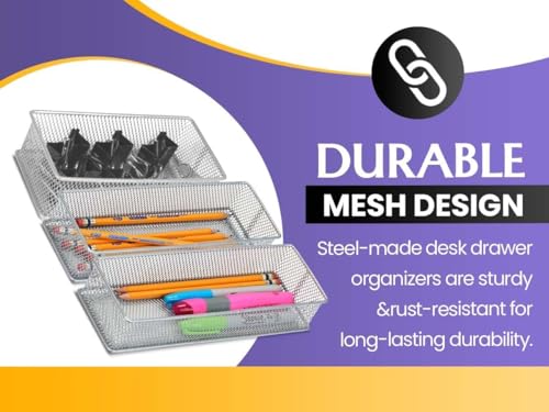 YBM HOME Silver Mesh Drawer Cabinet and or Shelf Organizer Bins, School Supply Holder Office Desktop Organizer Basket (12, 3x12x2 Inch)