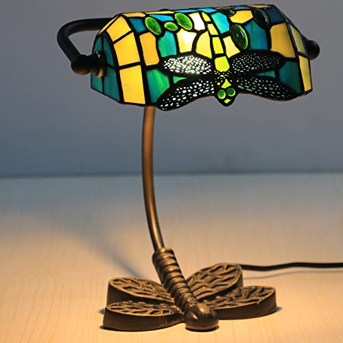 Banker Lamp Tiffany Desk Lamp Green Orange Dragonfly Stained Glass Desk Lamp, Adjustable Top Luxury Memory Piano Lamp, for Library Use