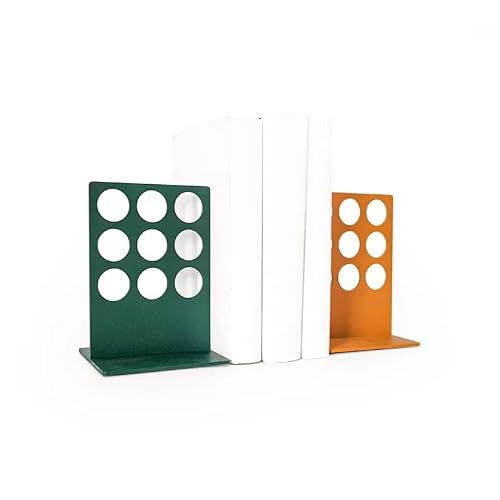 Modern Round Cutout Bookends Set of 2, Non-Skid Metal Book Ends for Shelves, Decorative Book Holders for Home Office Library, Green and Orange