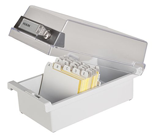 HAN 967-S-631, Card filing box Special Edition A7 landscape. Innovative, attractive design holds 800 cards with lock, readjustable lid supplied with large inscription label, light-grey-translucent