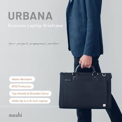 Moshi Urbana Briefcase Laptop Case, Messenger Bag with Shoulder Strap, for 13-16" Laptops, iPad, Camera, Tablets, Slate Black