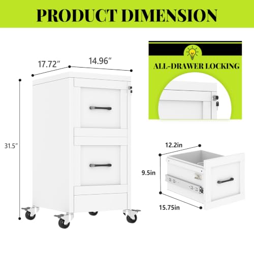 GDNVBRDS 2-Drawer Rolling Metal File Cabinet with Lock, Narrow, White