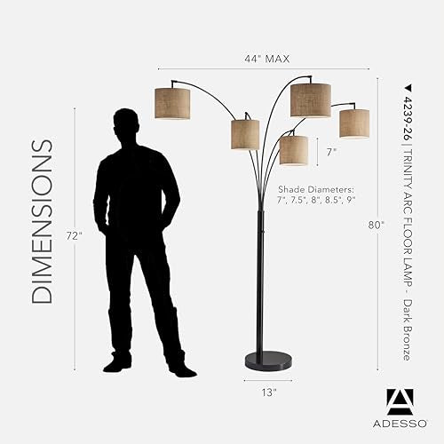 Adesso 4239-26 Trinity 5-Arm Arc Lamp, 82 in., 5 x 60W Incandescent/13W CFL, Antique Bronze Finish, 1 Floor Lamp