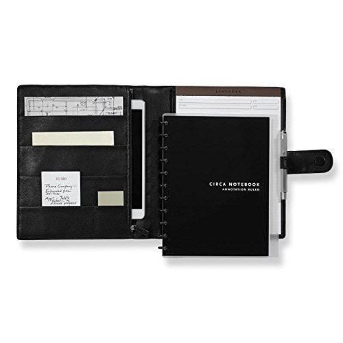 Levenger Softolio 2.0 – Black Leather Discbound Portfolio, Letter Size (10.88" x 12.25"), Full-Grain Leather, Magnetic Tab Closure, Includes Freeleaf Annotation Ruled Pad, Zippered Pocket for Tablets up to 10"