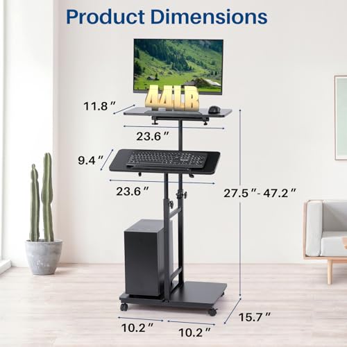 Podium Stand with Wheels, Height Adjustable Lectern Podium Stand, Rolling Portable Podium with 2 Swivel Shelves, Mobile Teacher Lectern for Classroom Church Office Presentation(Black)