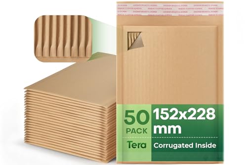 Tera Corrugated Cardboard Padded Kraft Paper Mailing Bags A5: 152 × 228 mm Pack of 50 80gsm Thickened Padded Self-Adhesive Recyclable Packaging Material for Cards Jewellery Photos Shipping Bags