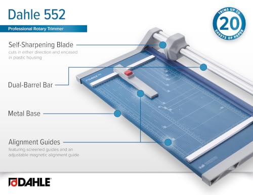 Dahle 552 Professional Rotary Trimmer, 20" Cut Length, 20 Sheet Capacity, Self-Sharpening, Dual Guide Bar, Automatic Clamp, German Engineered Paper Cutter