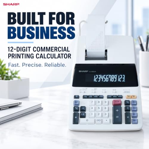 SHARP EL2630LW 12-Digit Commercial Printing Calculator with 4.5 LPS 2-Color Ribbon Printer, Large LED Backlit Display, Cost/Sell/Margin, Tax & Time Calculations, Item Count, AC Powered, White