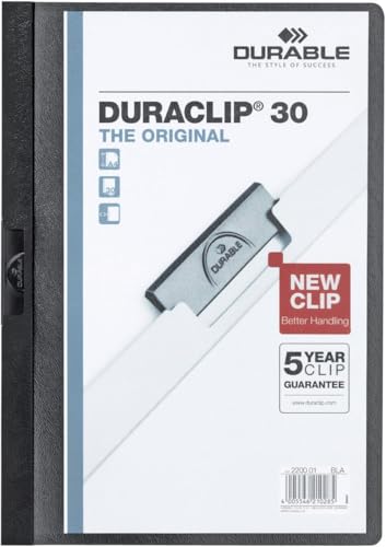Durable DURACLIP 30 A4 Clip Folder - Holds Up to 30 Sheets of A4 Paper - Strong Metal Sprung Clip - Pack of 25 Black Colour Folders for Organising Documents