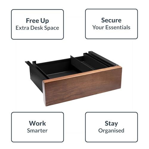 Desky Minimal Under Desk Drawer – Slim Pull-Out Metal Storage Organizer for Sit-Stand Desks, Smooth Glide, Space-Saving Design, Easy Mount, Light Oak Rubberwood & Grey Frame