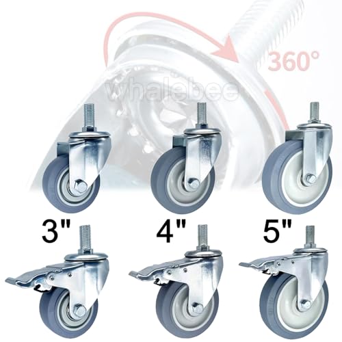 Threaded Stem Caster M14 M16 M20×30 Swivel Caster Wheels Heavy Duty 3-Inch 4-Inch 5-Inch Dual Locking No Noise TPR Rubber Castors Set of 4 for Trolley Serving Cart