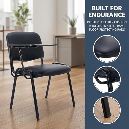HNY Black Tablet Arm Chairs Set of 5, PU Comfort Office Waiting Room Guest Nesting Stacking Reception Chairs with Flip-Up Table Conference Chairs for School Classroom Training Meeting Room