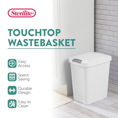 Sterilite 7.5 Gallon TouchTop Wastebasket with Lid that Opens with Touch, Conceals Trash in the Kitchen, Bathroom, Mudroom or Office, White, 12-Pack