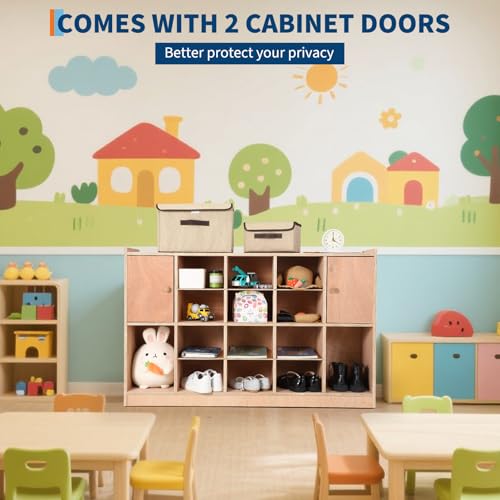 GarveeTech Cubby Tray Storage Cabinet with 2 Doors, Storage Organizer Cubes with 2 Anti-Flip Fittings, 4 Castors and 2 Boxes for Home, School, Kindergarten, Classroom Furniture, Natural