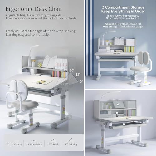 AMUYTCP Height Adjustable Functional Ergonomic School Study Table with Tilt Desktop, Desk and Chair Set, Workstation Writing Desk with Storage Drawers, LED Light, Bookstand, Metal Hook(Color:Grey)