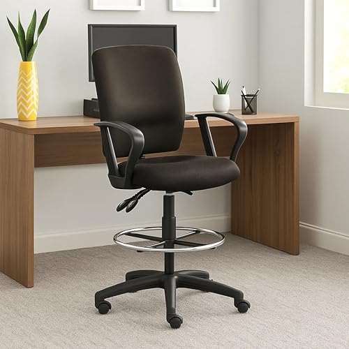 Benzara Jea Swivel Drafting Stool, Seat Tilt Lock, Loop Arms, Black Crepe