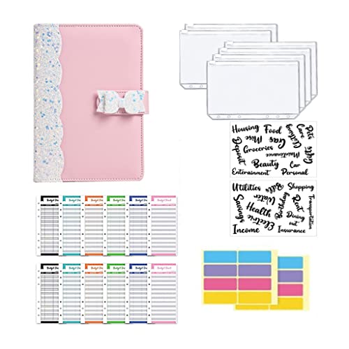 A6 Budget Binder Planner with 6 Pieces Cash Envelopes Bag Colorful PU Leather Notebook(E)