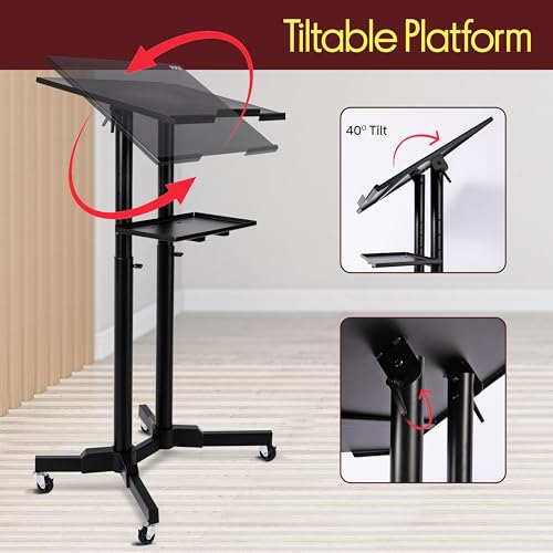 Pyle Lectern Podium Stand | Adjustable Height Top Shelf, Bottom Shelf w/Smooth Rubber Wheels & Metal Brakes | Mobile Standing Desk w/LED Light for Classrooms & Presentations | Portable Rolling Table