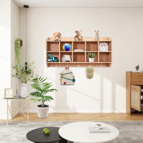 BouPower 47" Wall Mounted 10 Cubbies Storage Organizer with Hooks, Shelf, Wooden Daycare Storage for Classroom School Kindergarten Kids Toys