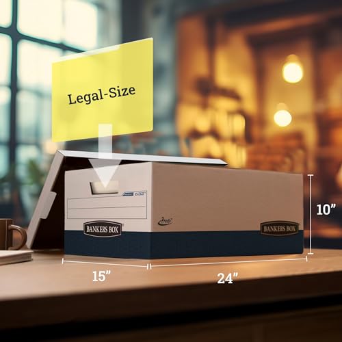Bankers Box 12-Pack Presto Heavy Duty File Storage Boxes with Lids, Presto Assembly, 24 Inch Legal, (0063201)
