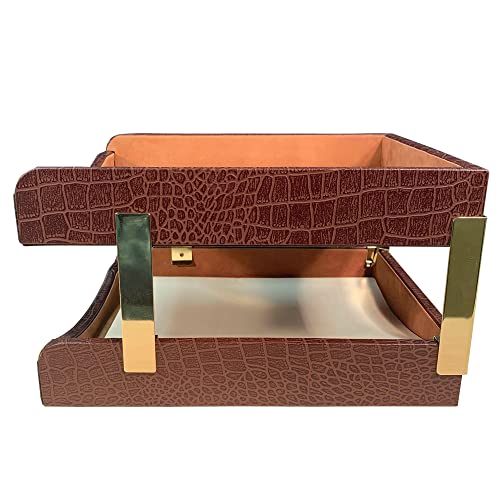 Dacasso Crocodile Embossed Leather Double Letter Trays, Brown (A2020)