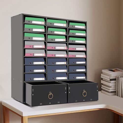 MhdunueSK Literature Organizer,Desktop File Sorter Mail Center,Paper Storage Cabinet with 24 Slots Compartments,Suitable for Home School Office (Black 24 Compartment with 2 Drawers)