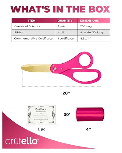 Crutello Ribbon Cutting Ceremony Kit - 20" Gold Scissors, Pink Handle