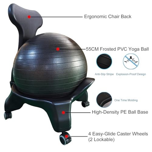 RENLXFI Stability Ball Desk Chair with Wheels & Back Support, Large 55cm Anti-Burst Balls Ergonomic Chairs/Medicine Ball Chair Stand 660 Lb, Adults Students Seniors Exercise Ball Chairs