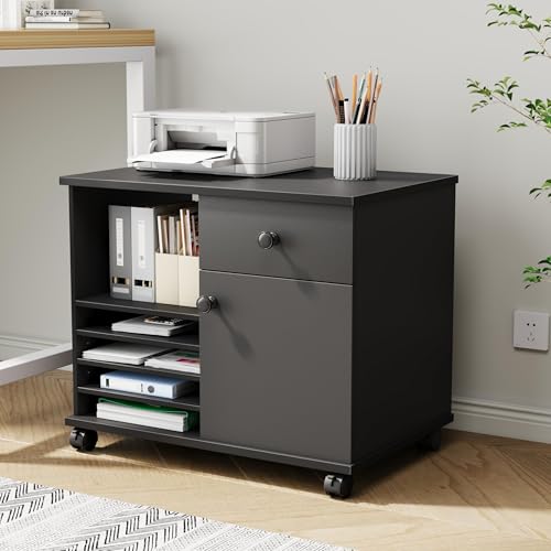 Quikraen Wooden Rolling File Cabinet with Open Shelves & Lockable Door, 23.6" Mobile Storage Cabinet on Wheels, Lateral Office Filing Cabinet with Drawer for Home Office, Black