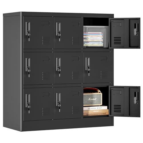 Yukimo 9 Doors Metal Lockers for Employees, Steel Storage Locker with Lock and Card Slot, Employee Lockers for Home, Office, School, Gym, Require Assembly(Black)