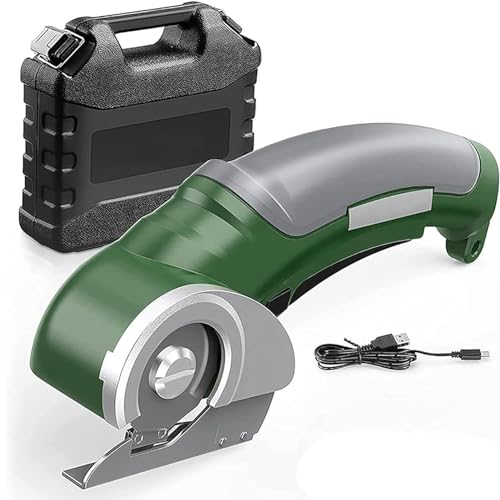 FENOKD Electric Scissors Cloth and Cardboard Cutter, 2000Mah Cordless Handheld Round Scissors Rotary Cutter, Rechargeable Leather Fabric Cutting Tool with Storage Box for Craft,Green