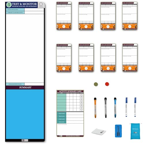 Kaizen Test & Monitor Board Set – Magnetic KPI Tracking System with 8 Test & Monitor Cards, Activity Summary Card, Markers & Cleaning Kit – Lean & Six Sigma Continuous Improvement Performance Board