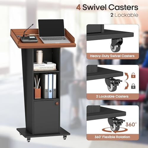 Baoz 15° Tilted Podium Stand with Storage & Lockable Wheels (Black Brown)