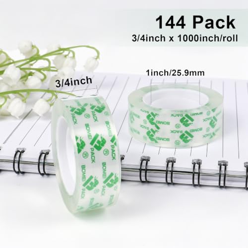 BOMEI PACK 144Rolls Crystal Clear Tape Refills for Dispenser, Bulk Transparent Tape Clear for Home, School and Office, 3/4Inch x 1000 inch