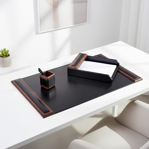 Dacasso Walnut & Black Leather Luxury 3 Piece Set - Blotter Pad & Desk Mat Organization Essentials - Executive Decor and Desk Surface Protector