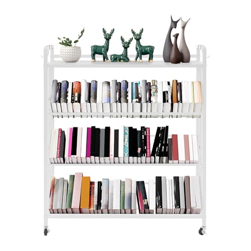 Sizcdiomk 4 Tier Book Carts with Wheels, Library Rolling Bookshelf Mobile Book Storage Rack Large Capacity Rolling Book Cart for Home Office Living Room Classroom (White)